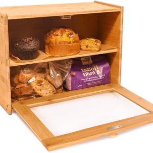 2-Layer Bread Box 15" x 11" x 6" - Bamboo Bread Boxes Bread Storage Bin on Countertop Shelf - Bread Box for Kitchen Counter with Transparent Window, Bread Storage Container Storage for Egg