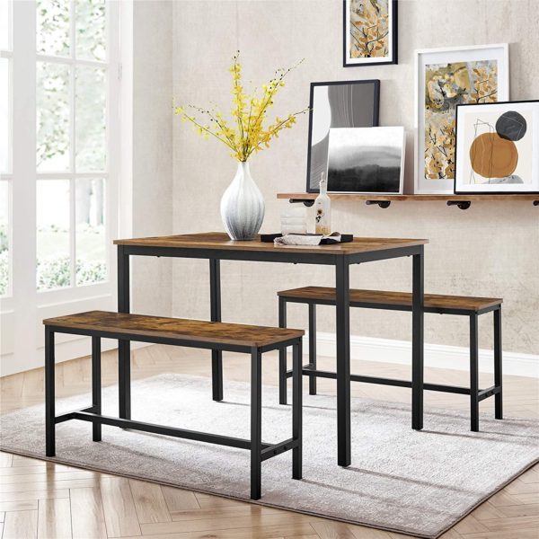 Dining Table Set with 2 Benches, 3 Pieces Set, Kitchen Table of 43.3 x 27.6 x 29.5 Inches, Bench of 38.2 x 11.8 x 19.7 Inches Each, Industrial Design, Rustic Brown and Black