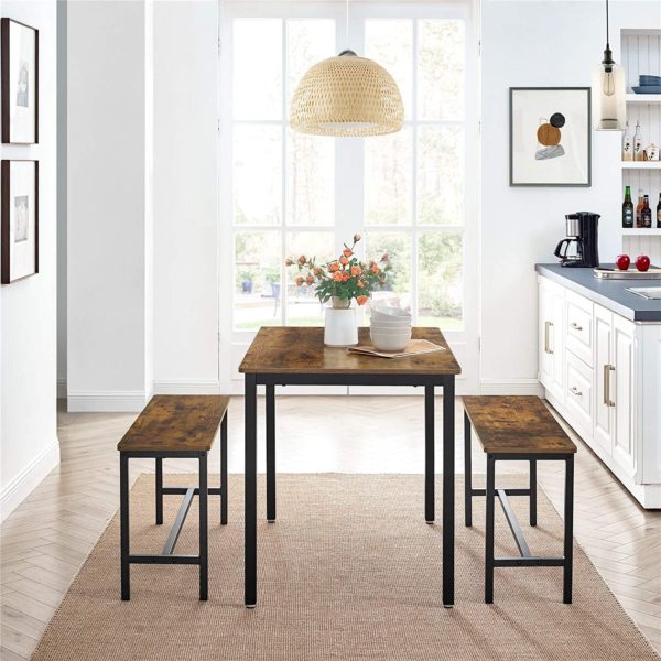 Dining Table Set with 2 Benches, 3 Pieces Set, Kitchen Table of 43.3 x 27.6 x 29.5 Inches, Bench of 38.2 x 11.8 x 19.7 Inches Each, Industrial Design, Rustic Brown and Black