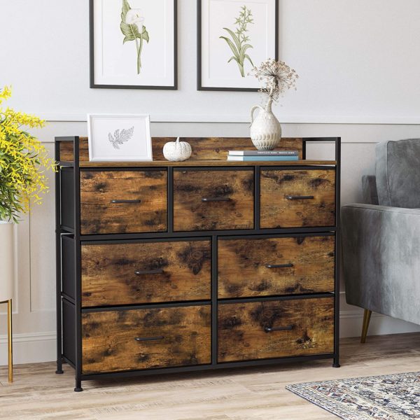 Drawer Dresser, Chest of Drawers, Closet Storage Dresser, 7 Fabric Drawers and Metal Frame with Handles, Rustic Brown and Black ULTS137B01