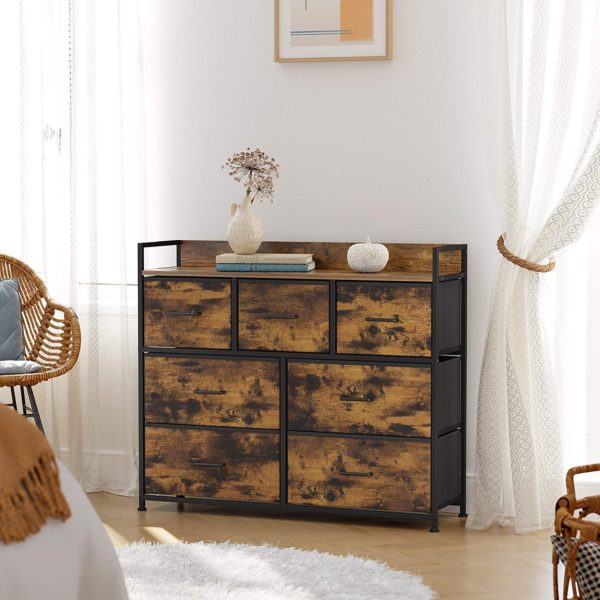Drawer Dresser, Chest of Drawers, Closet Storage Dresser, 7 Fabric Drawers and Metal Frame with Handles, Rustic Brown and Black ULTS137B01