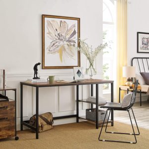 Computer Desk, 55 Inch Writing Desk, with 2 Storage Shelves, Rustic Brown and Black