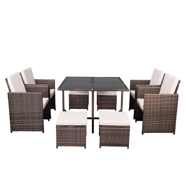 9Pcs Outdoor Patio Table Chair Set Include 4 Single Chair + 4 Stool + 1 Table PE Rattan Iron Frame Brown Gradient[US-Stock]