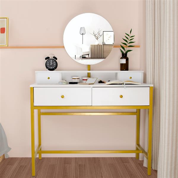 (100 x 45 x 76)CM (L x W x H) Dressers FCH Desk Mirror 4 Drawers With Stool Steel Frame Dressing Table White for Living Room