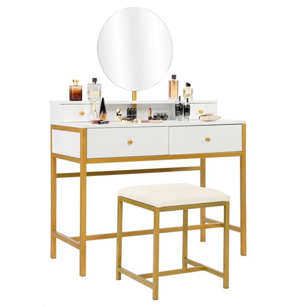 (100 x 45 x 76)CM (L x W x H) Dressers FCH Desk Mirror 4 Drawers With Stool Steel Frame Dressing Table White for Living Room