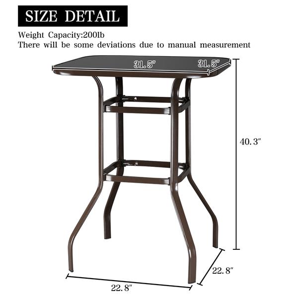 Wrought Iron Glass High Bar Table Patio Bar Table Brown (80 x 80 x 101)cm(L x W x H) US Warehouse
