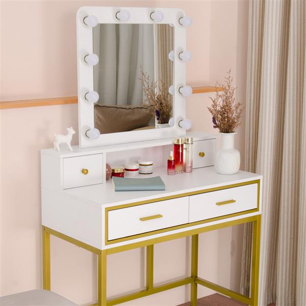 (90.5 x 45 x 76-151.5)cm Dressing Table FCH Single Mirror 4 Draw-Bulb Steel Dresser White US Warehouse