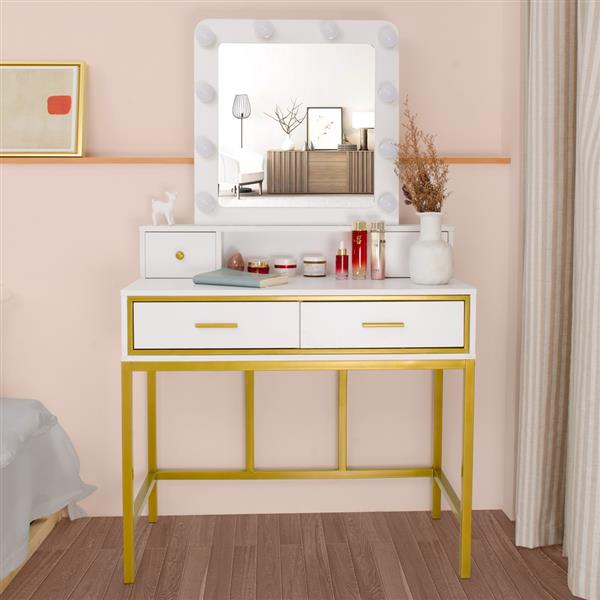 (90.5 x 45 x 76-151.5)cm Dressing Table FCH Single Mirror 4 Draw-Bulb Steel Dresser White US Warehouse