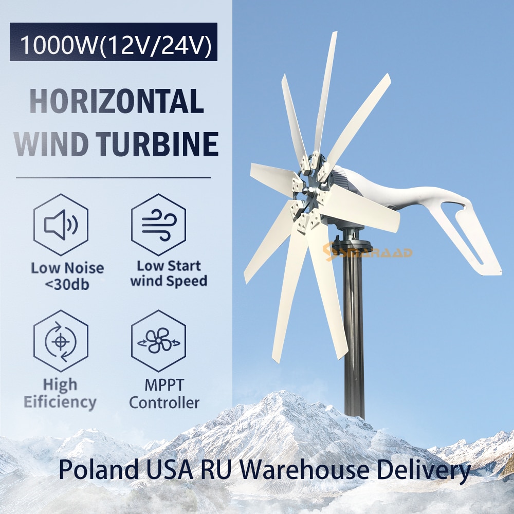 China Factory 1000W 24V Wind Turbine with 8 Blades MPPT Controller Small Wind Turbine for Home Use Low Noise High Efficiency