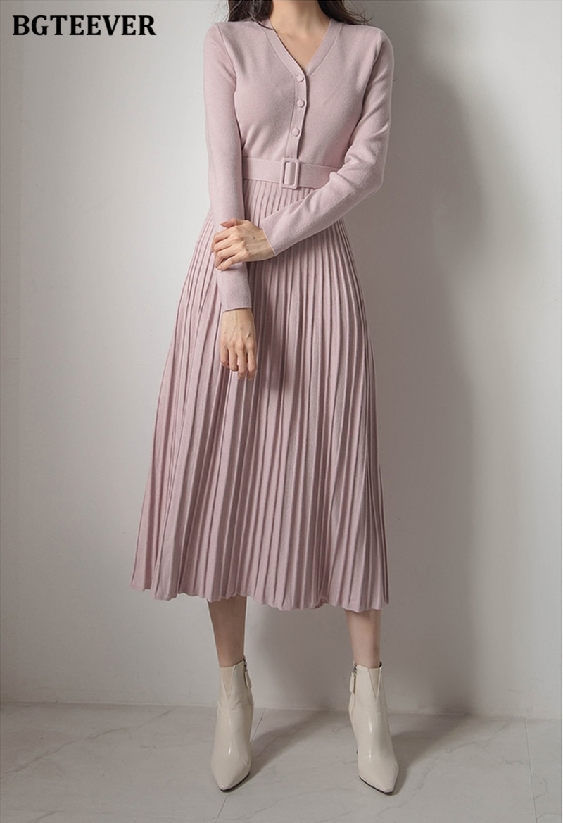 BGTEEVER Elegant V-neck Single-breasted Women Thicken Sweater Dress 2021 Autumn Winter Knitted Belted Female A-line soft dresses