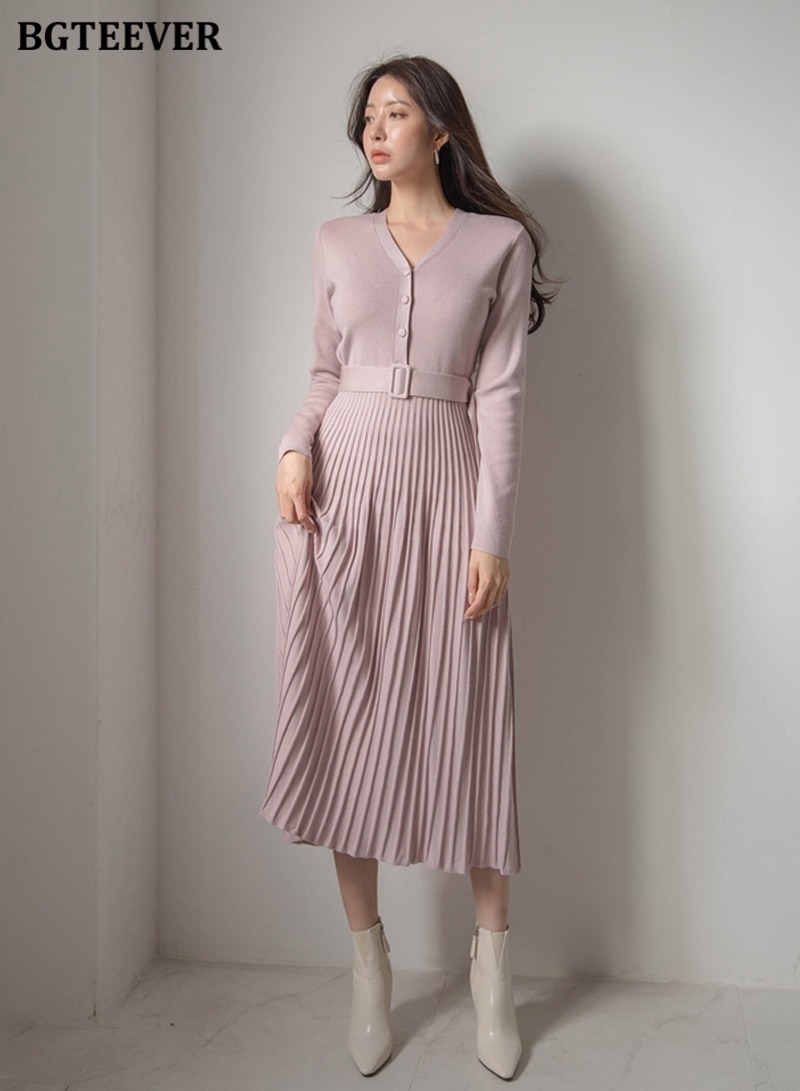 BGTEEVER Elegant V-neck Single-breasted Women Thicken Sweater Dress 2021 Autumn Winter Knitted Belted Female A-line soft dresses