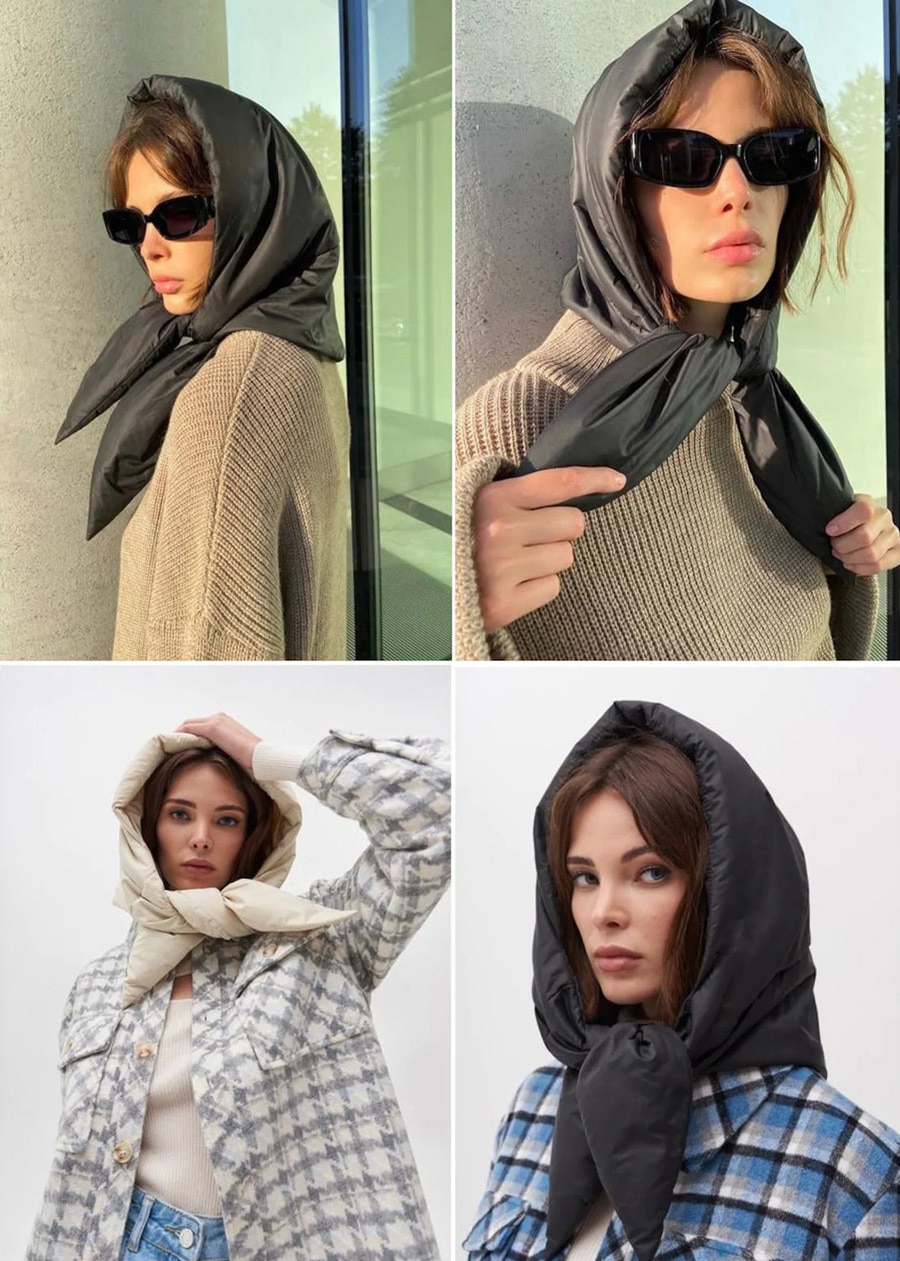 Fashion quilted headscarf puffer scarf triangle shawl Hood Scarf puffy light and warm kerchief winter Puff Neck scarf-hood
