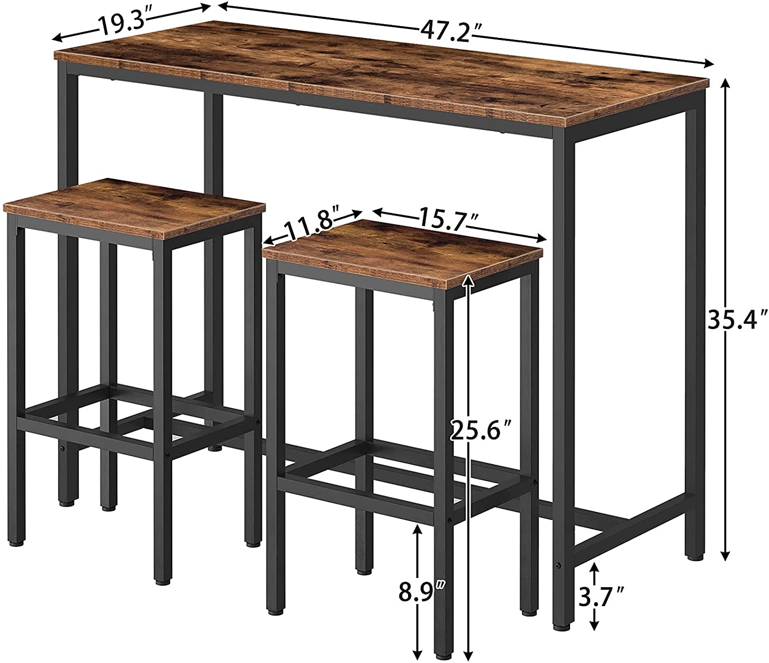 Bar Table Set, 47.2” Rectangular Kitchen Pub Dining Coffee Table and 2 ...