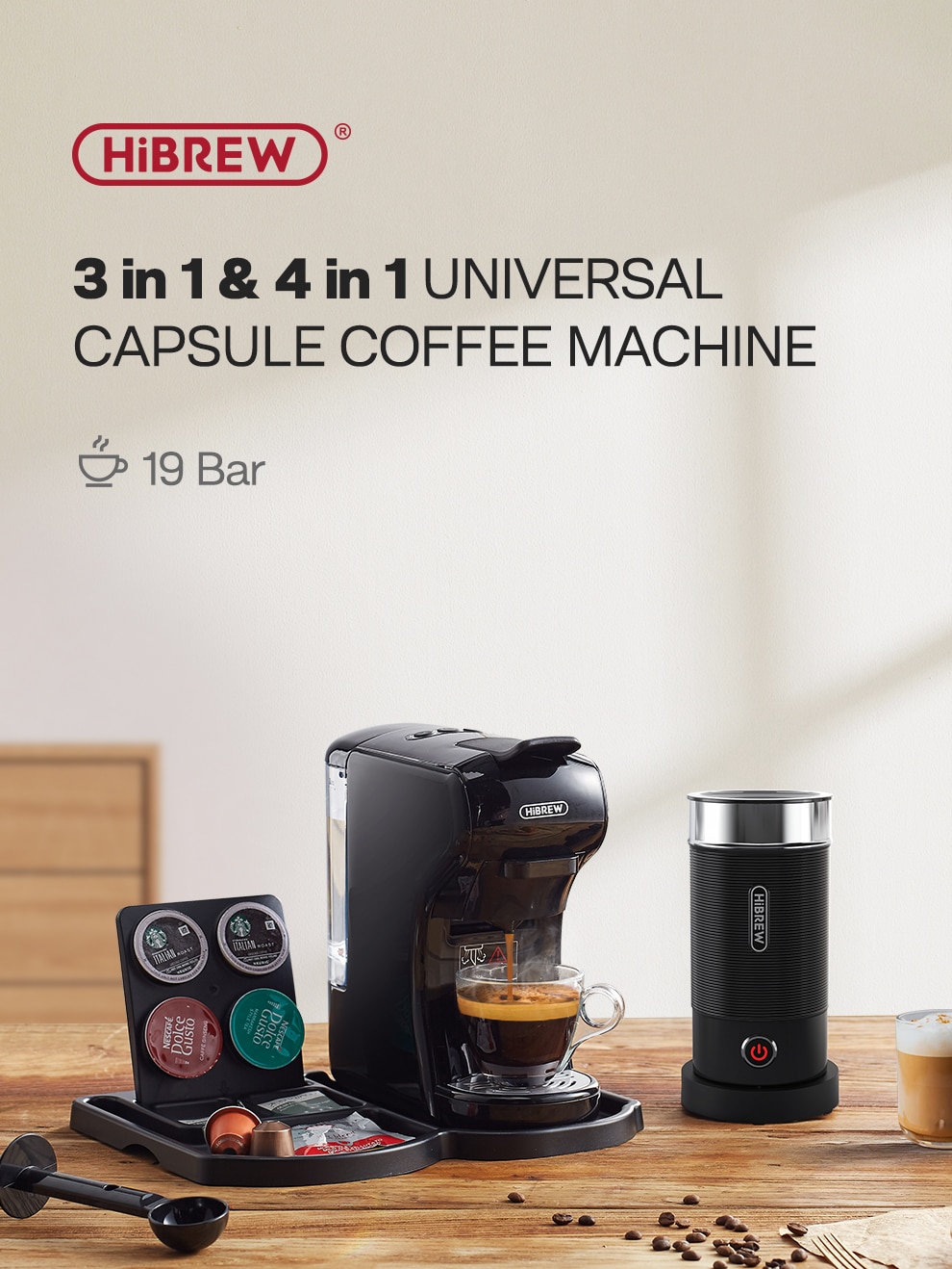 HiBREW 4 in 1 Multiple Capsule Coffee Maker Full Automatic With Hot & Cold Milk Foaming Machine Frother & Plastic Tray Set