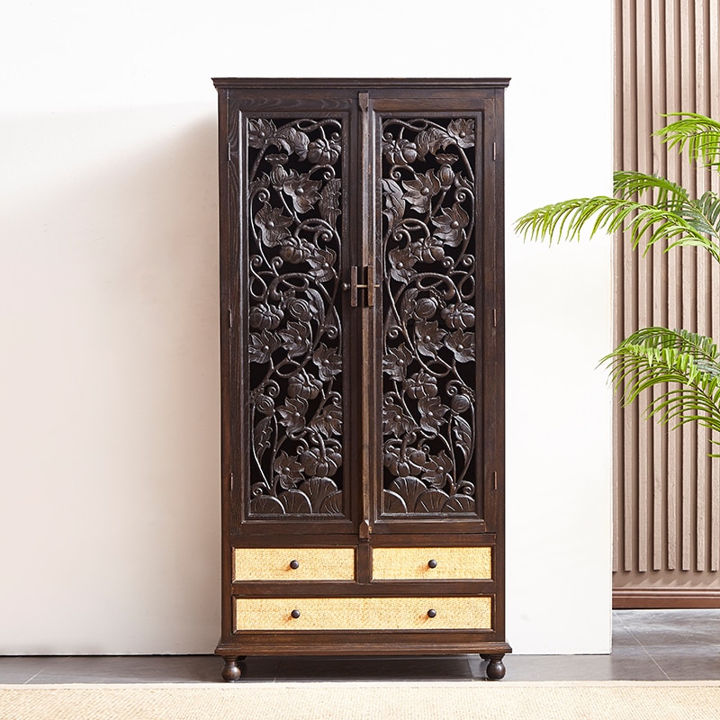 Customized Solid Wood Rattan Carved Small Apartment Wardrobe Thai Style Bedroom Household Hanging Clothes Rail Storage Furniture