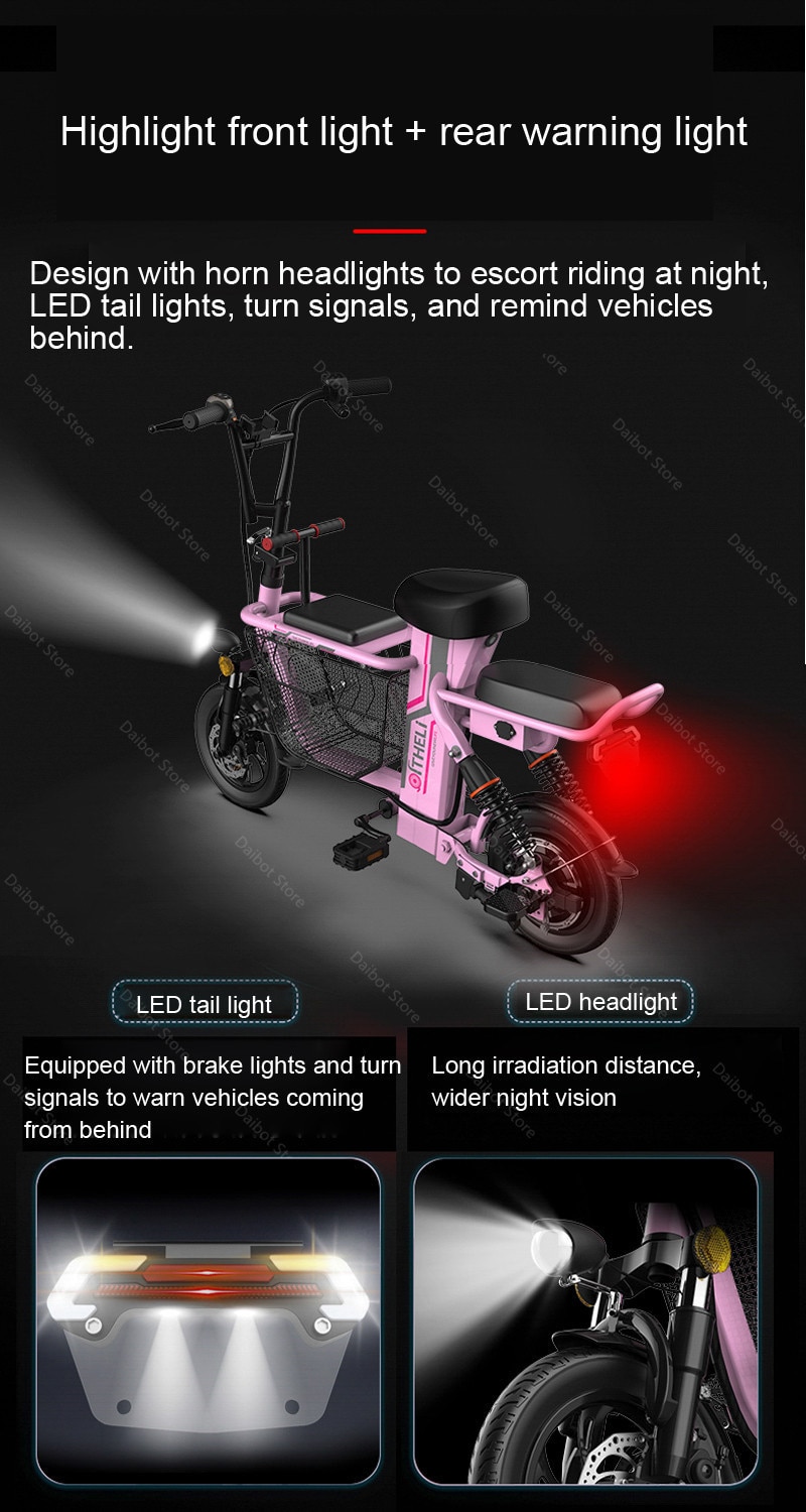 Daibot Electric Scooter With Seat 12 Inch 48V 350W Two Wheels Electric Bicycles Removable Battery Portable Electric Bike