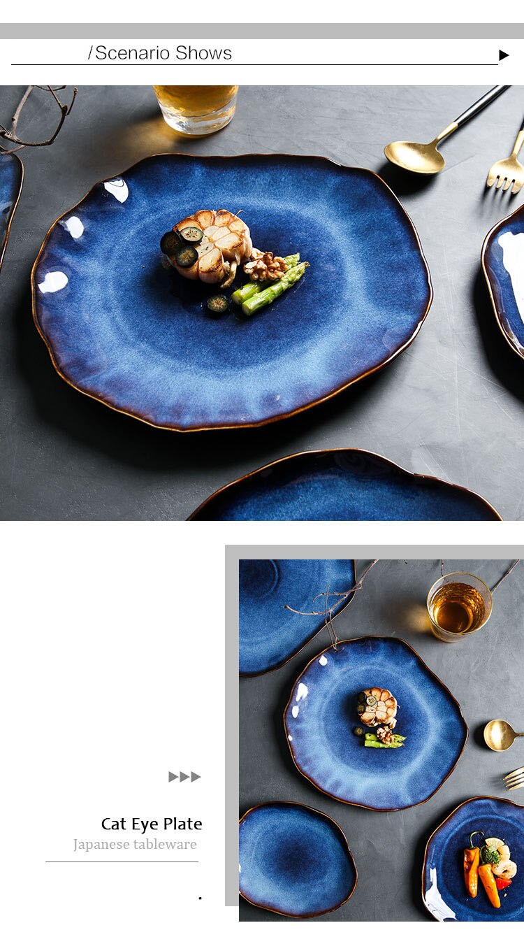 Ceramic Plates Deep Blue Irregular Flat Plate Pottery Dish Household Decoration Tableware Dinnerware Tray Hotel Kitchen Supplies