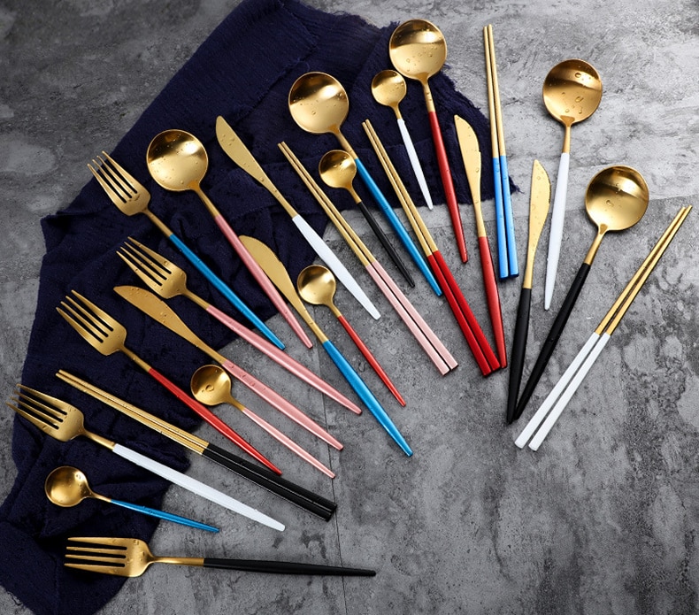 Matte Gold 18/10 Stainless Steel Luxury Cutlery Dinnerware Tableware Knife Spoon Fork Chopsticks Flatware Set Dishwasher Safe