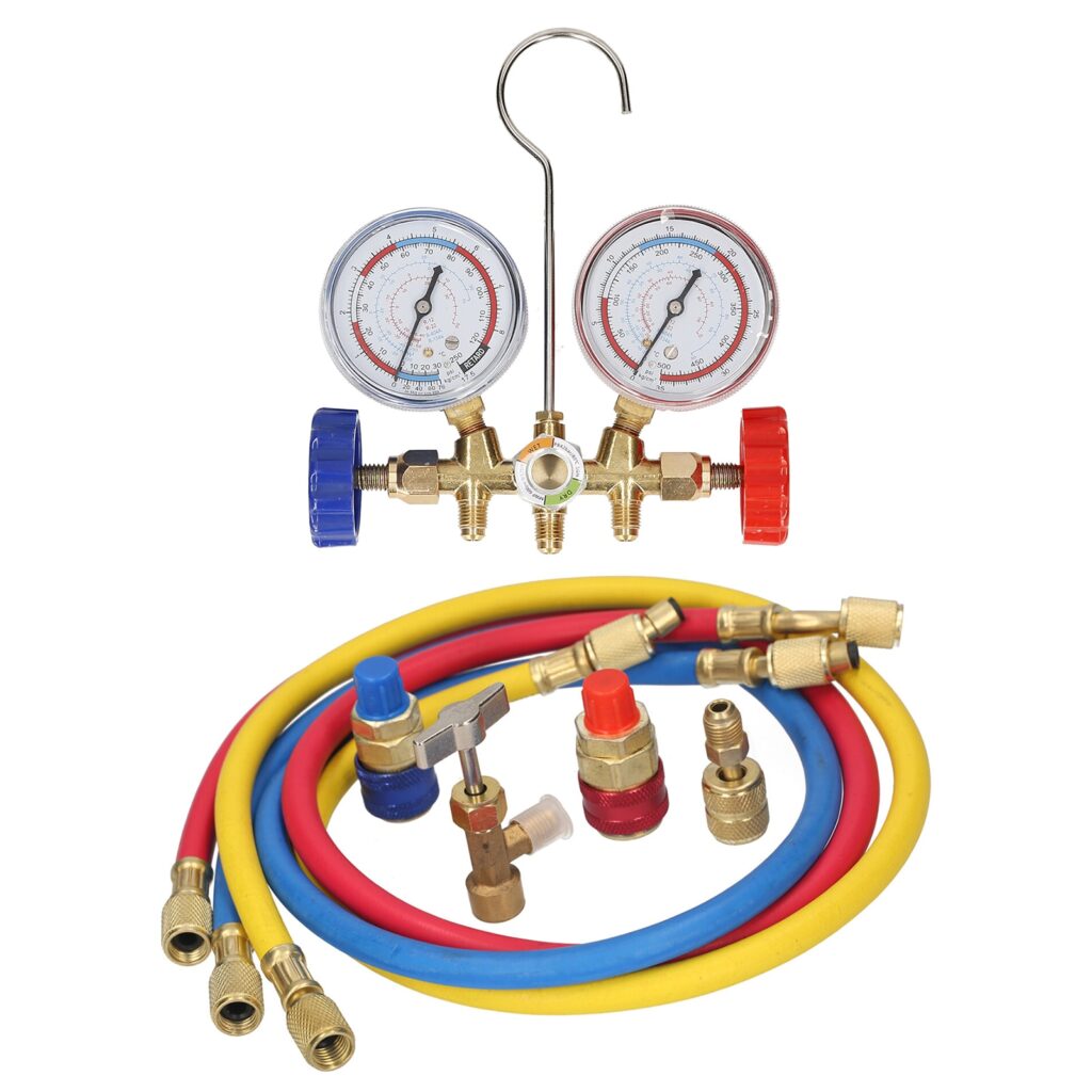 3 Way AC Manifold Gauge Set with Hoses Couplers & Adapter Refrigerant ...